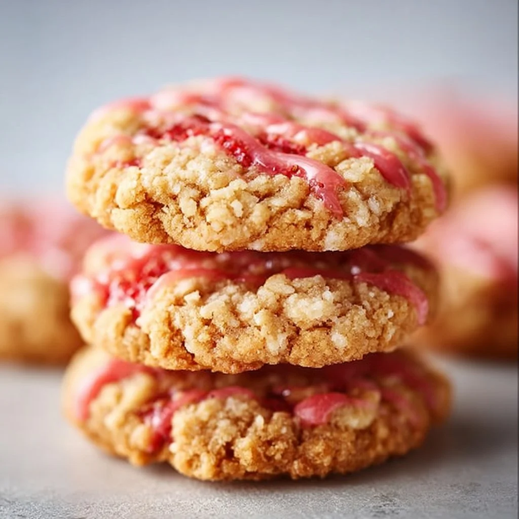 Delicious Strawberry Crunch Cookies on a plate garnished with strawberries