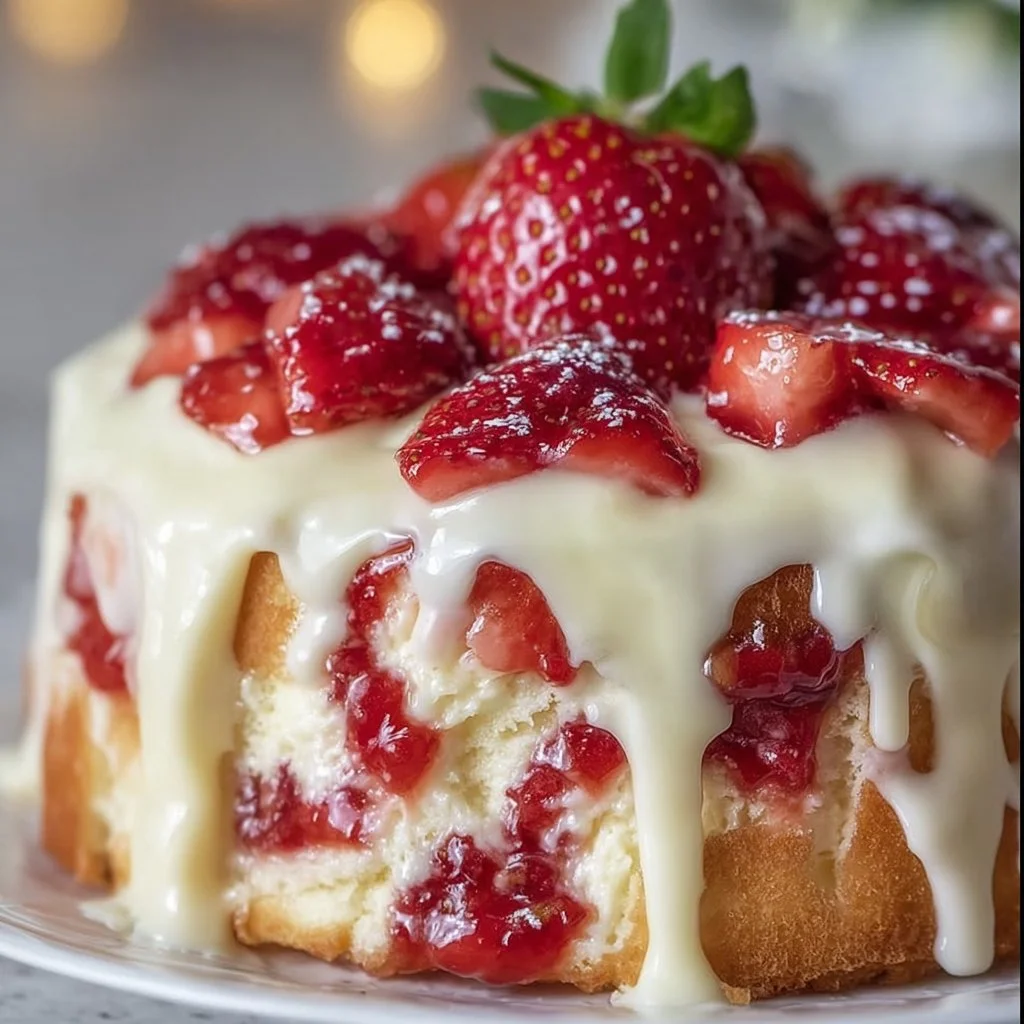 Delicious Strawberry Custard Cake topped with fresh strawberries and creamy custard.