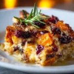 Baked sweet potato and cranberry gratin in a dish, garnished and ready to serve.