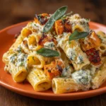 Sweet potato pasta topped with goat cheese and crispy sage
