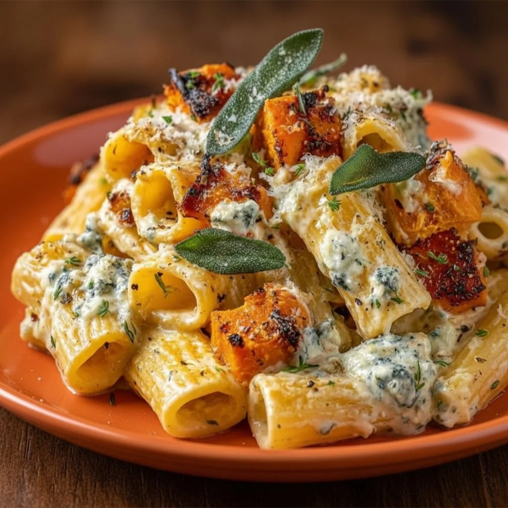 Sweet potato pasta topped with goat cheese and crispy sage