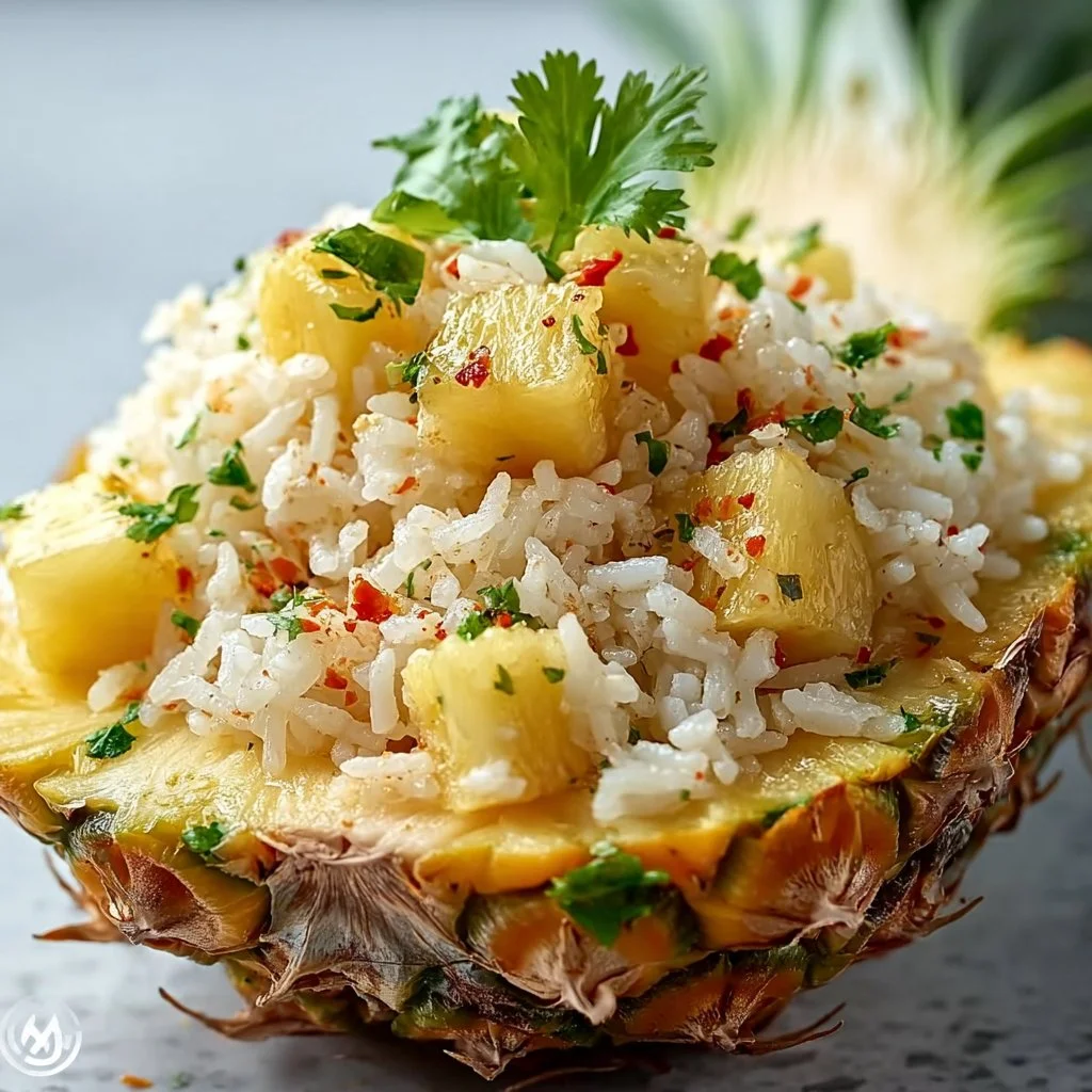 Bowl of Tropical Coconut Pineapple Rice with pineapple chunks and coconut flakes