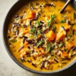 Bowl of vegan pumpkin wild rice soup garnished with herbs and spices.