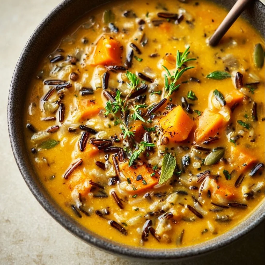 Bowl of vegan pumpkin wild rice soup garnished with herbs and spices.