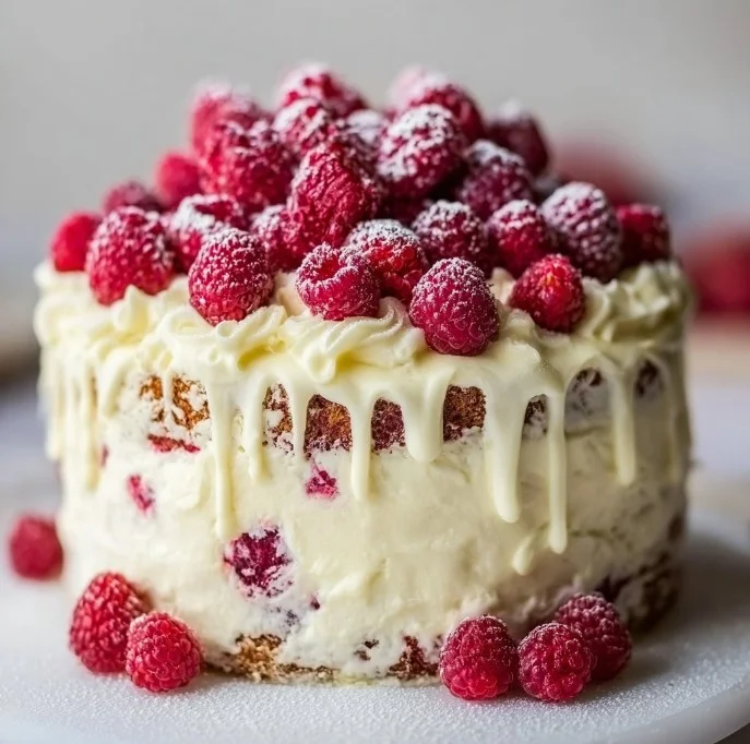 White Chocolate Raspberry Dream Cake with layers of creamy frosting and fresh raspberries