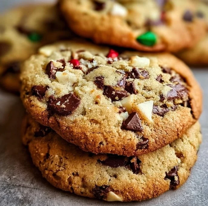 Winter Wonderland Chocolate Chip Cookies fresh out of the oven with chocolate chunks.