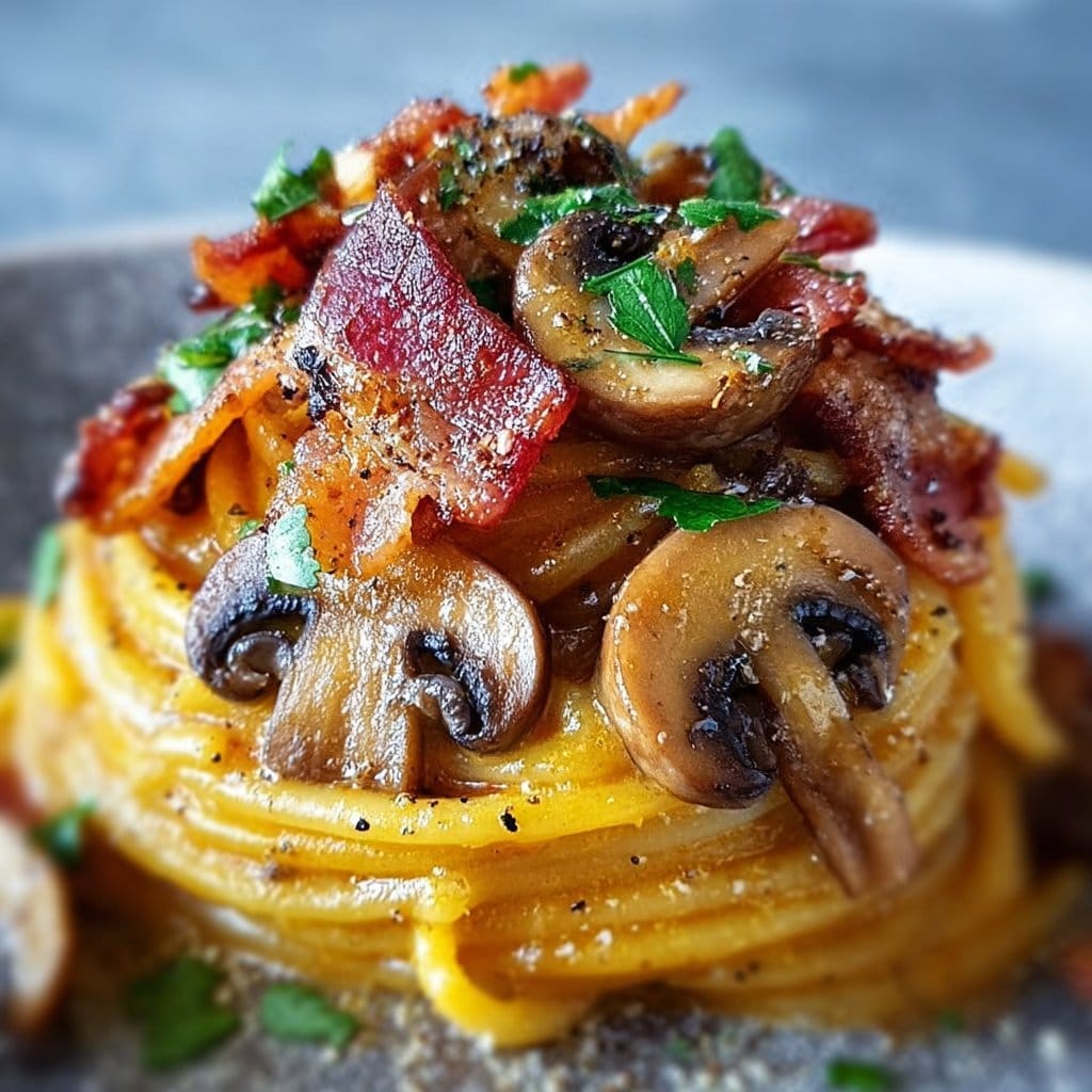 Pumpkin & Mushroom Spaghetti with Crispy Bacon