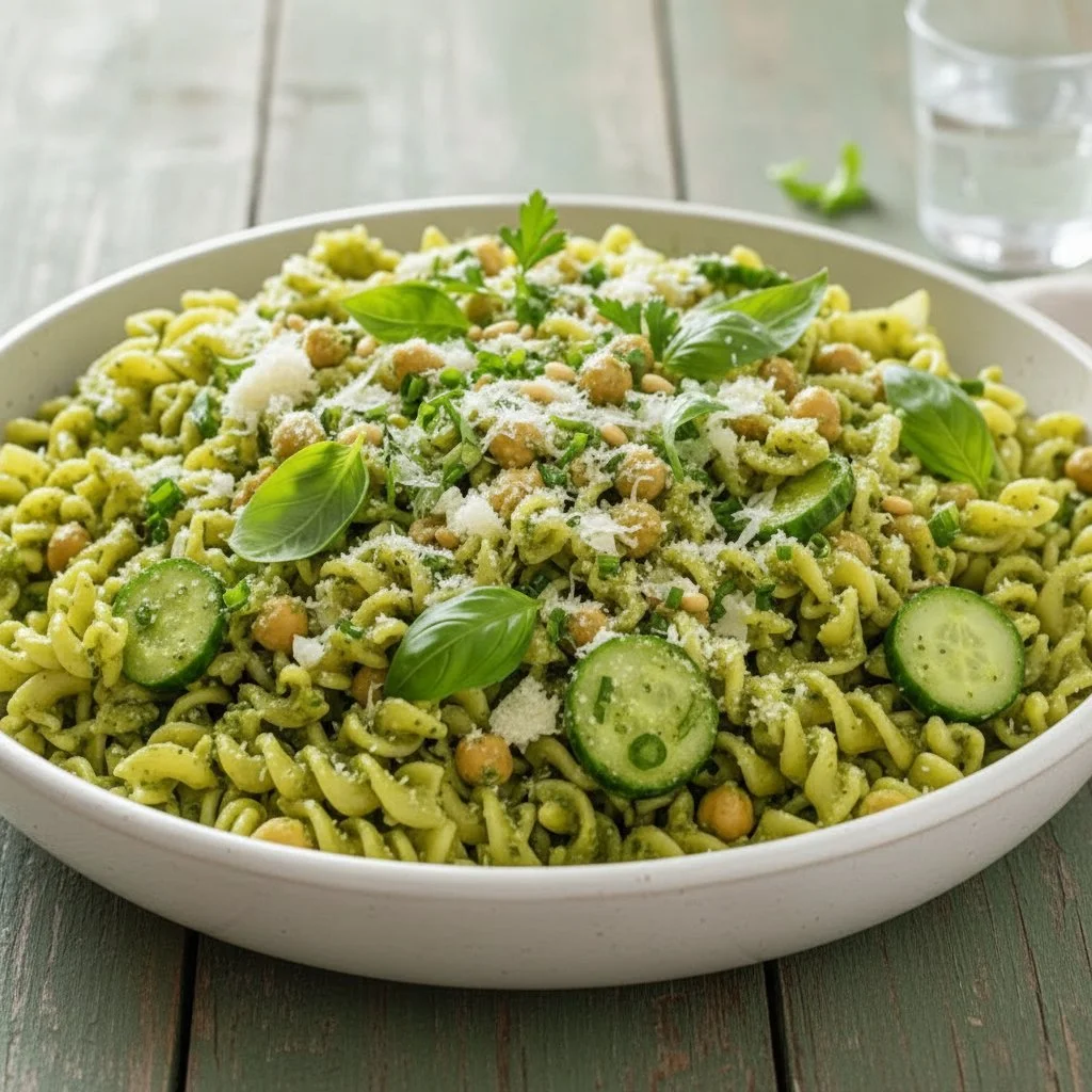 20-minute green goddess pasta salad with fresh vegetables and herbs