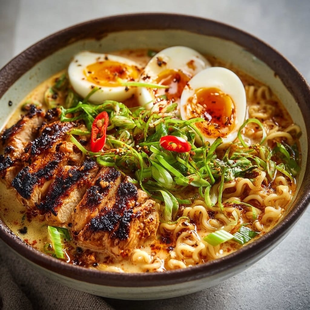Fiery Chicken Ramen with Creamy Garlic Sauce