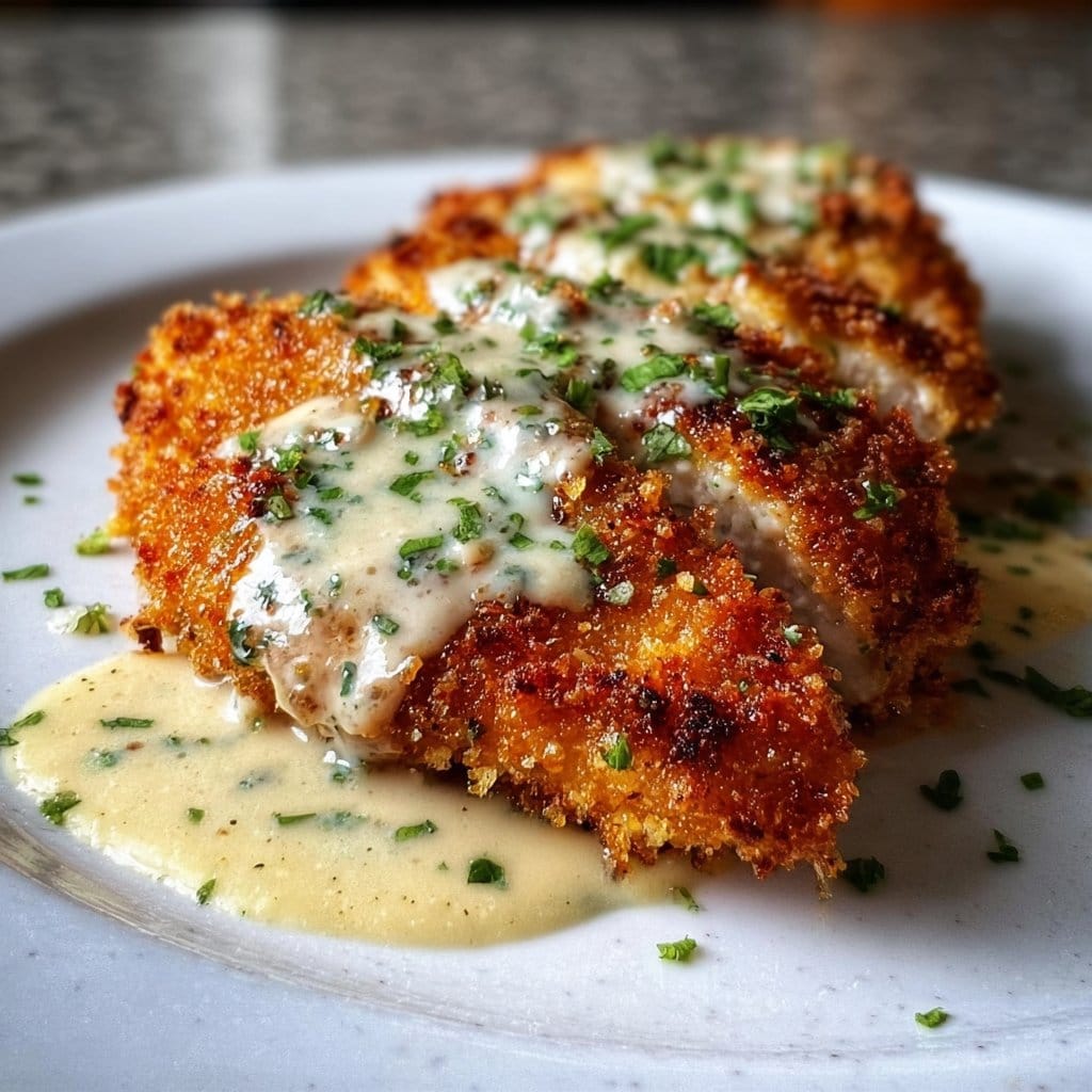 Crispy Parmesan Chicken with Garlic Cream Sauce