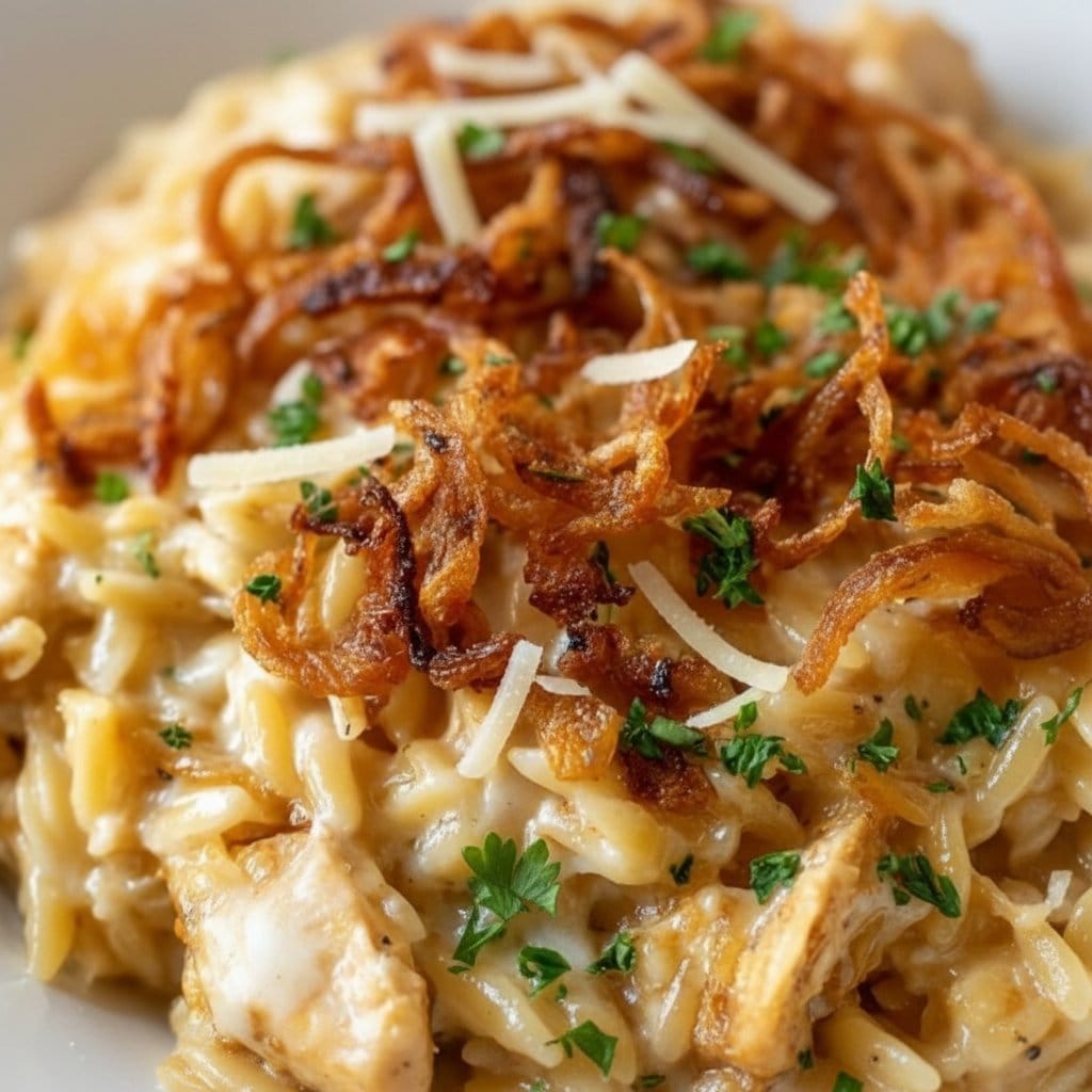 French Onion Chicken Orzo Casserole