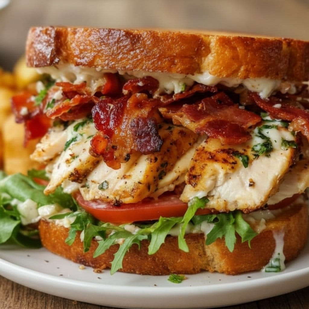 Ultimate Loaded Chicken Club Sandwich with Crispy Bacon and Avocado Ranch Spread