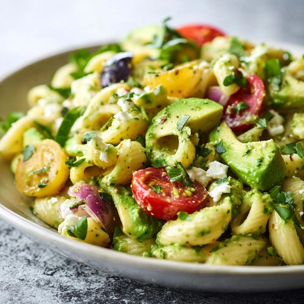 Delicious Avocado Pasta Salad garnished with fresh vegetables