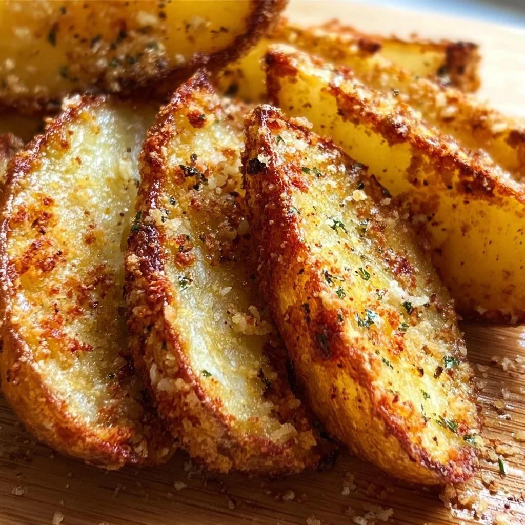 Baked garlic parmesan potato wedges served on a plate