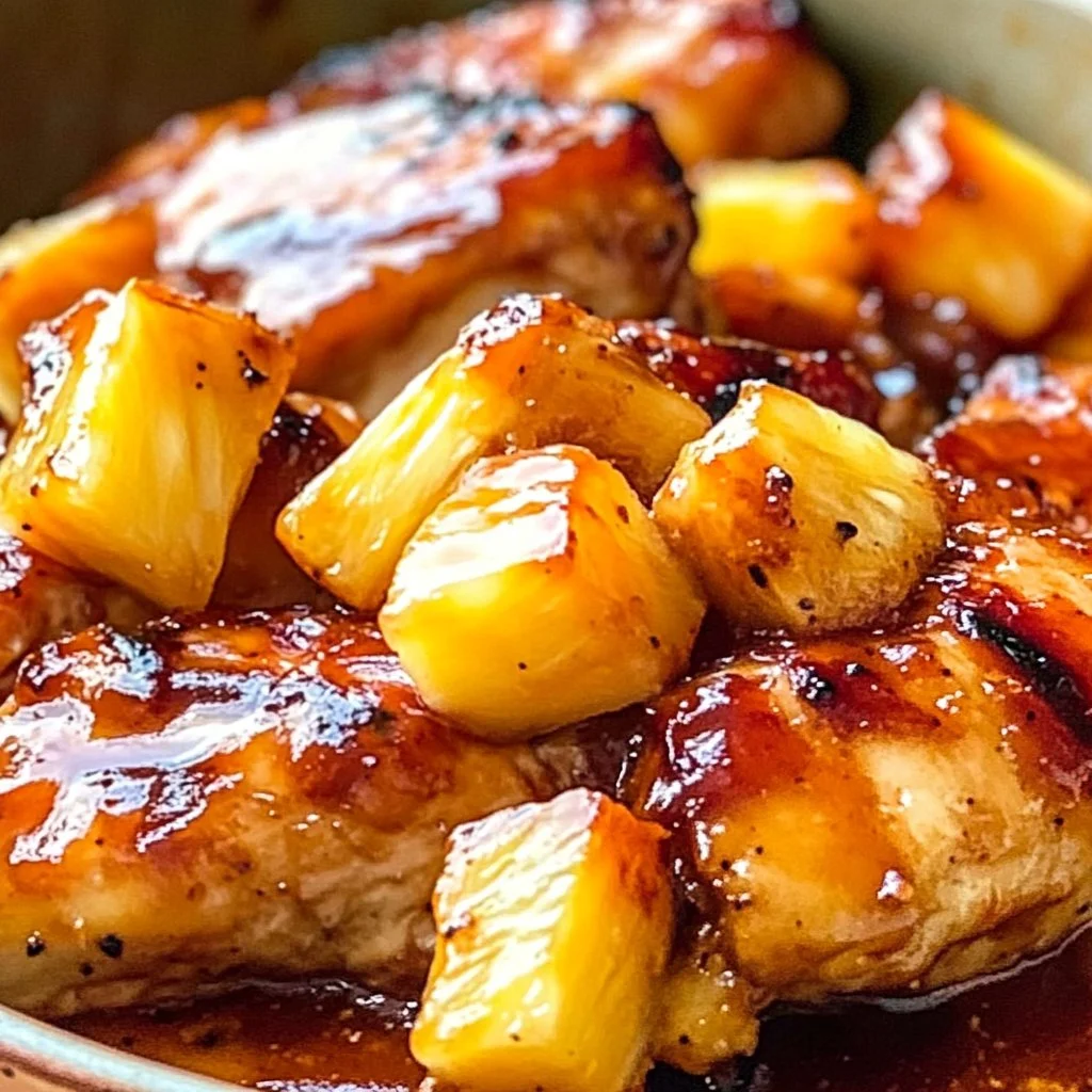 Barbecue Pineapple Chicken 3 Delicious Barbecue Pineapple Chicken served on a plate with fresh herbs.