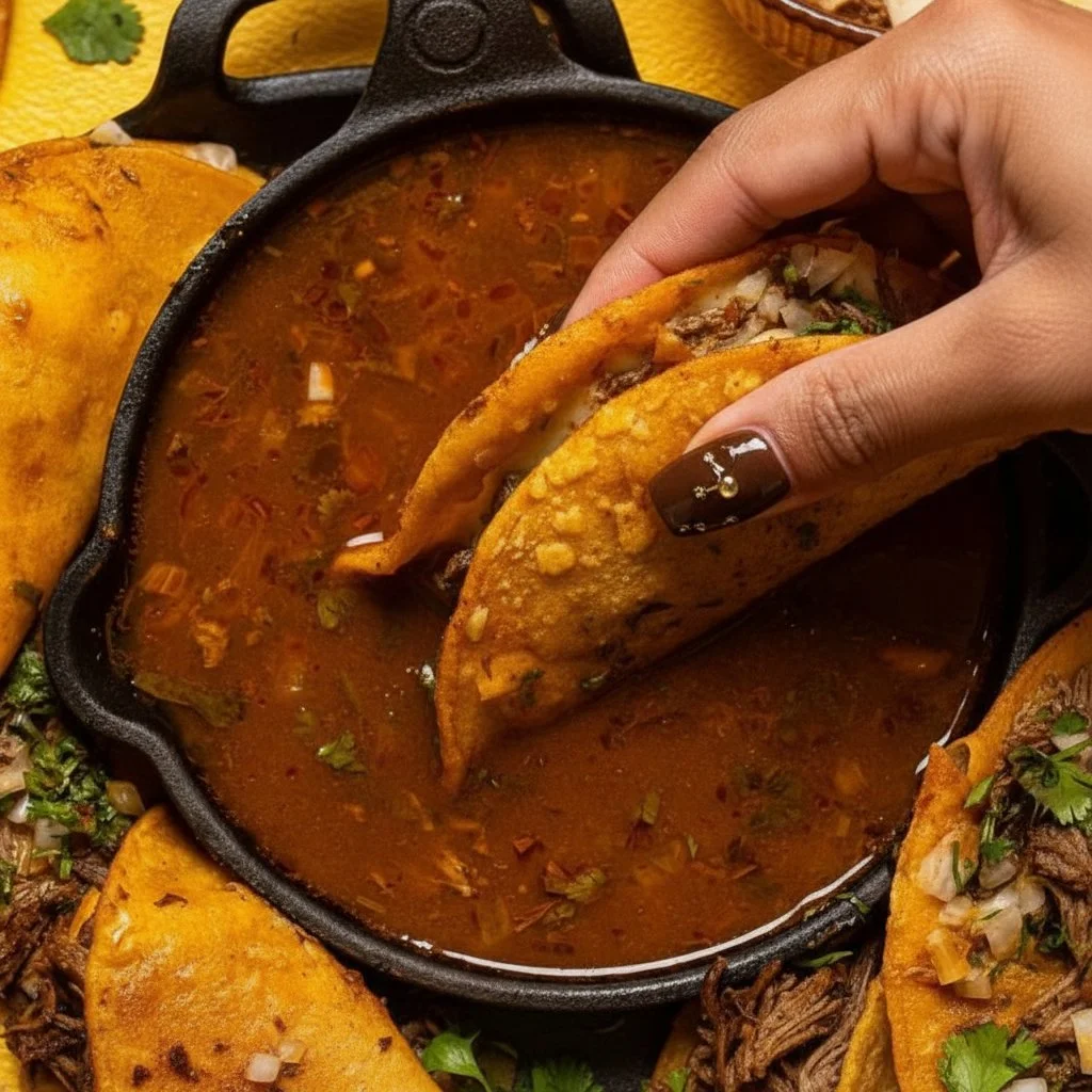 Delicious Birria Tacos served with rich consomé for dipping.