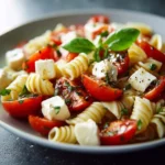Delicious Caprese Pasta Salad with fresh mozzarella, basil, and cherry tomatoes