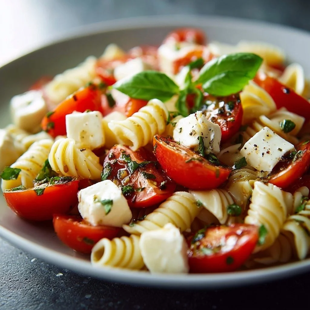 Delicious Caprese Pasta Salad with fresh mozzarella, basil, and cherry tomatoes