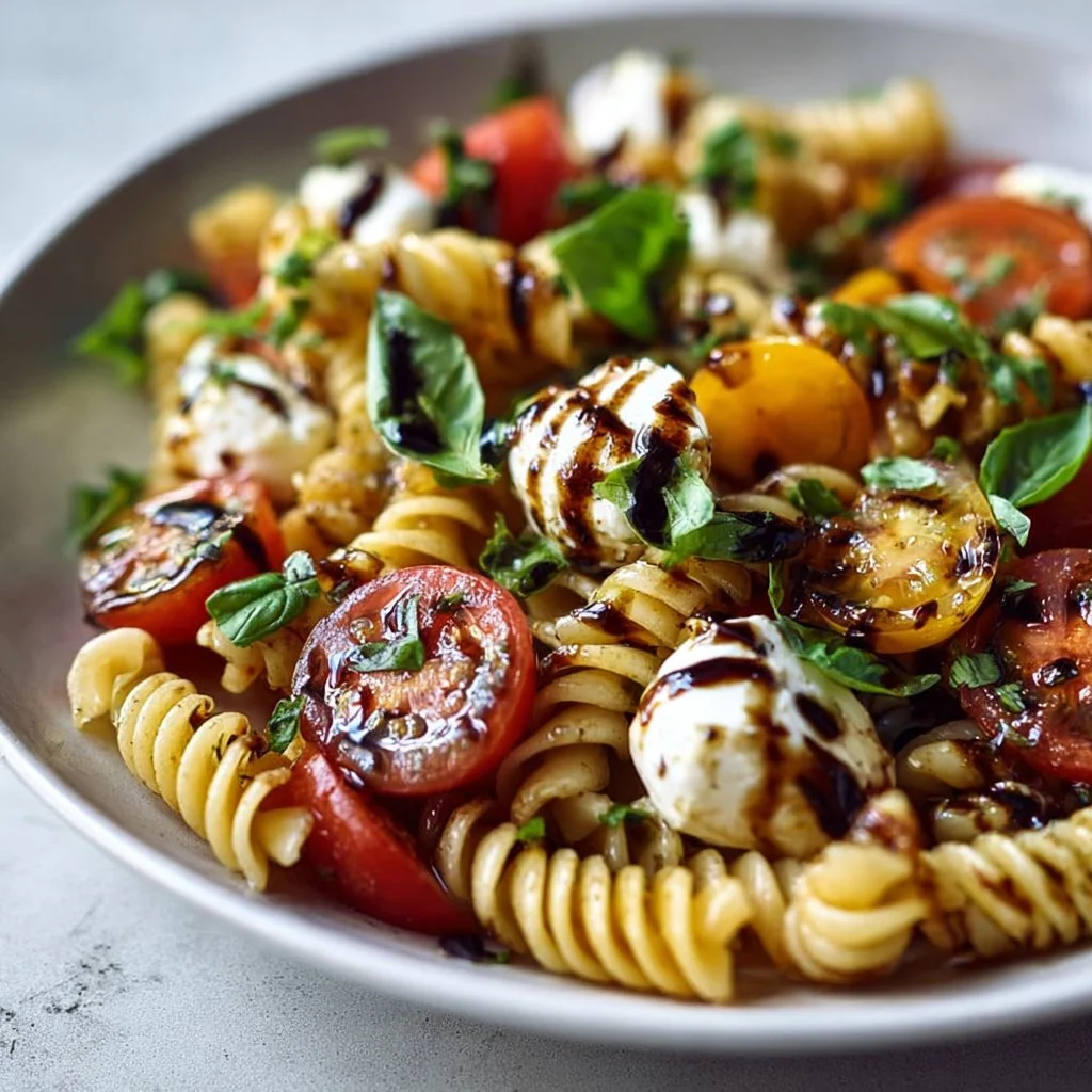 Fresh Caprese Pasta Salad with tomatoes, mozzarella, basil, and balsamic glaze