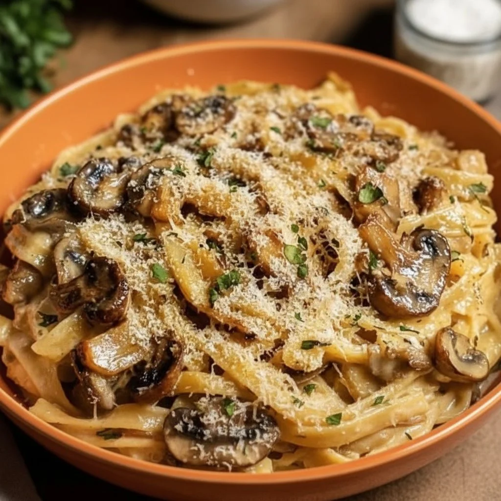 Caramelized Leek and Mushroom Gruyere Pasta 3 Creamy caramelized leek and mushroom gruyere pasta dish served in a bowl.