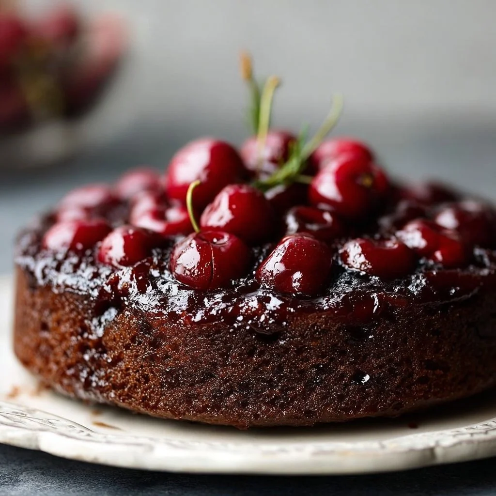 Chocolate Cherry Upside Down Cake topped with fresh cherries and chocolate drizzle