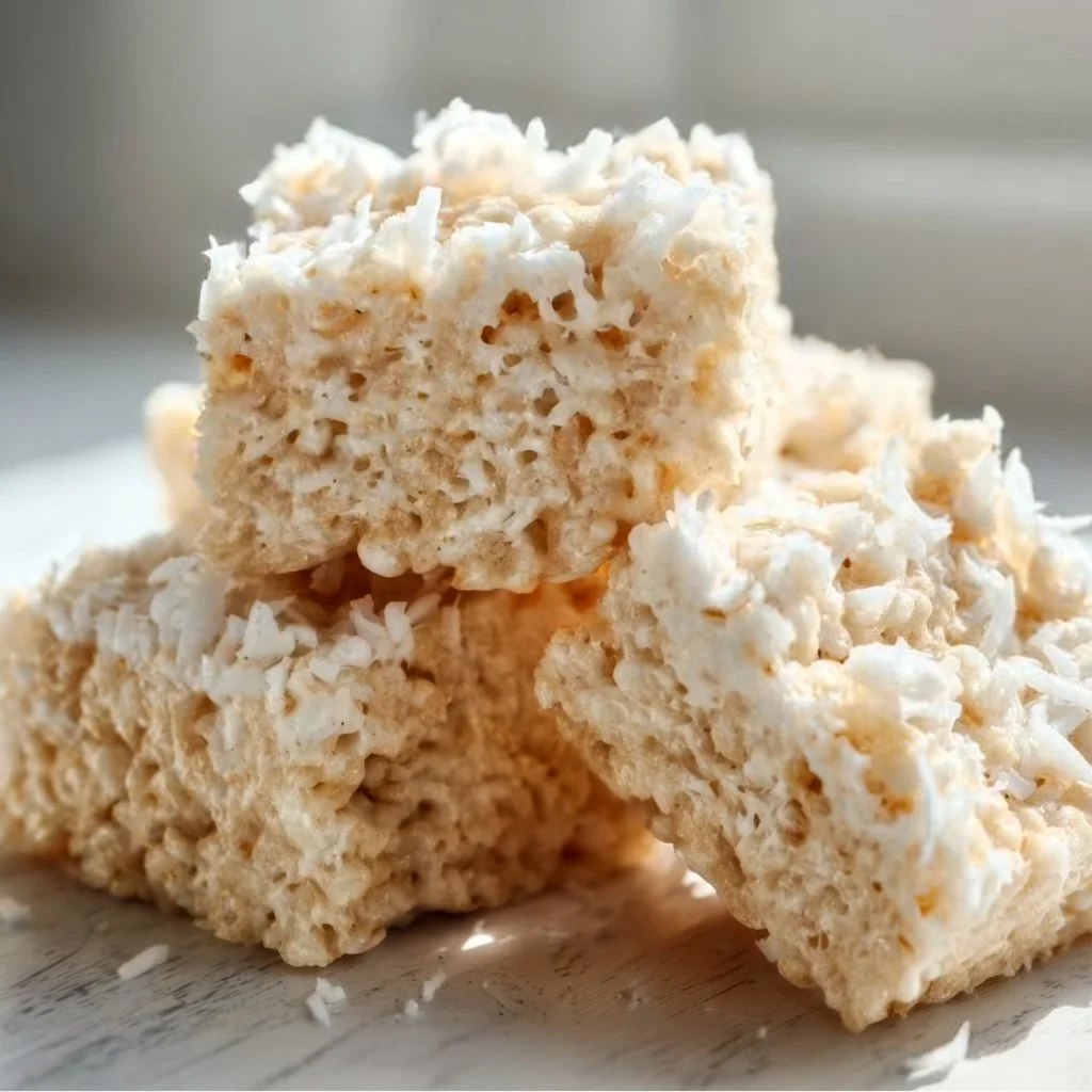 Coconut Rice Krispy Treats 3 Delicious Coconut Rice Krispy Treats topped with shredded coconut
