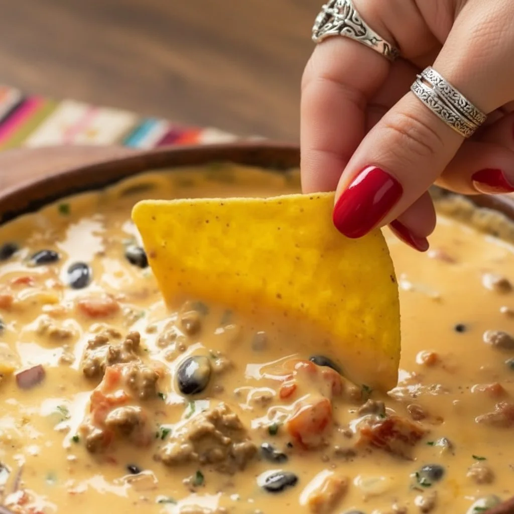 Delicious Cowboy Queso served with tortilla chips.