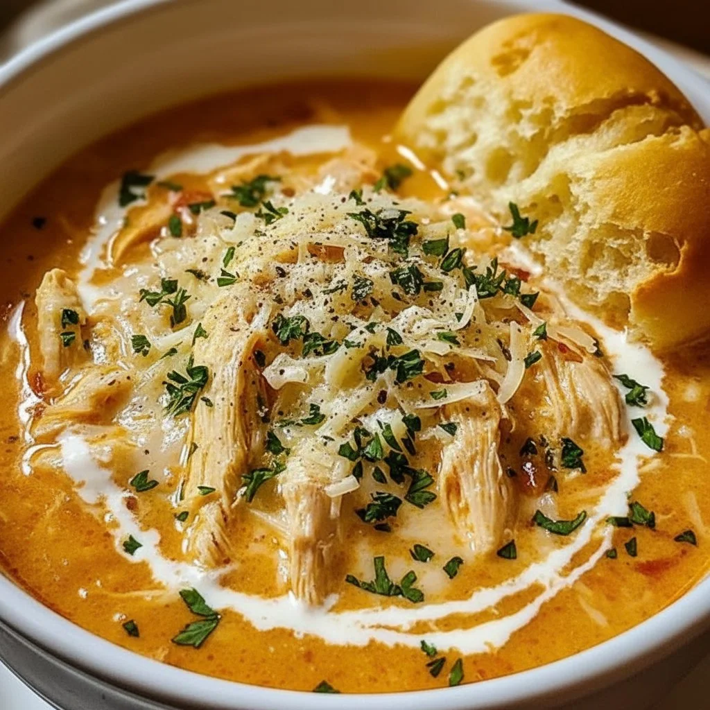 Crock Pot Creamy Chicken Parmesan Soup in a bowl with herbs
