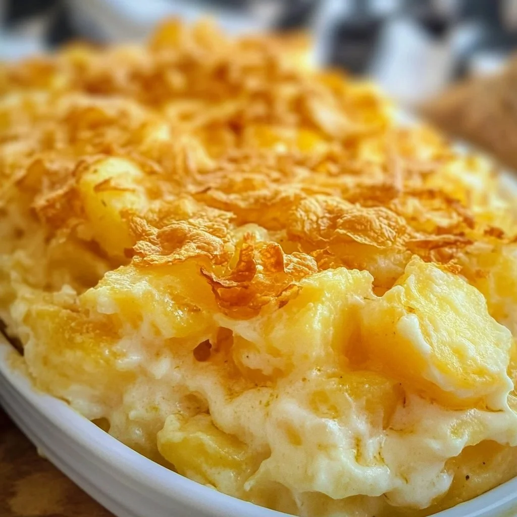 Easy Funeral Potatoes 3 Baked easy funeral potatoes topped with crispy edges in a casserole dish