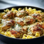 Delicious easy one-pan chicken with buttered noodles served on a plate