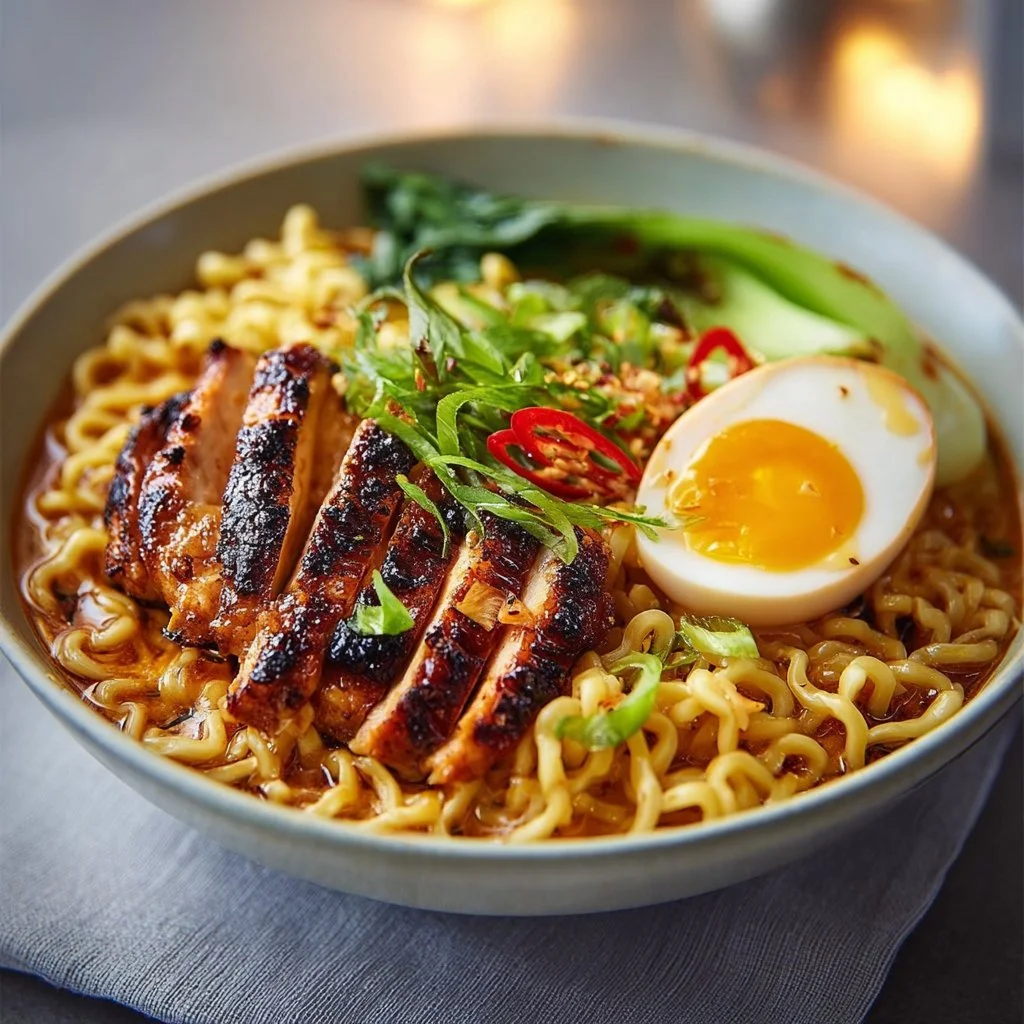Bowl of Fiery Chicken Ramen topped with creamy garlic sauce and fresh herbs