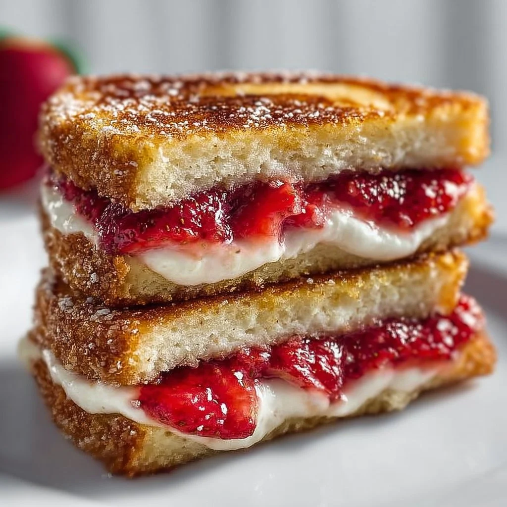 Delicious fried strawberry cheesecake sandwiches served with fresh strawberries.
