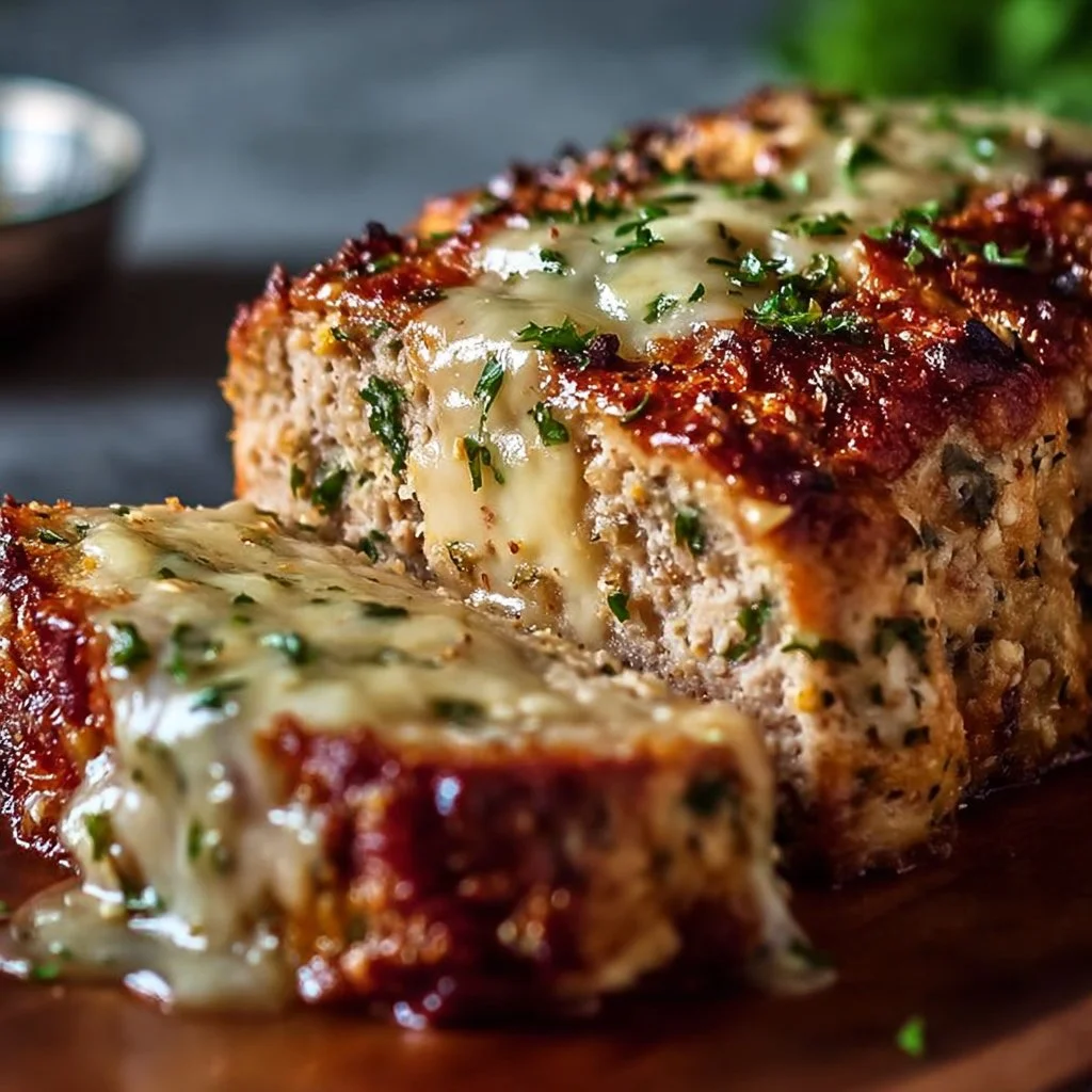 Delicious Garlic Parmesan Chicken Meatloaf served with a side of vegetables