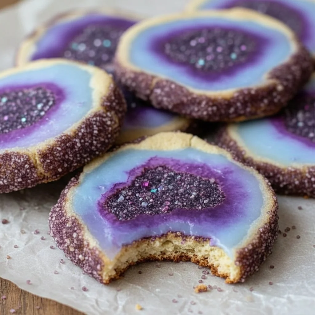 Beautifully decorated geode cookies with colorful crystal-like designs