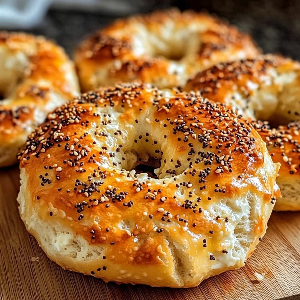 Greek Yogurt Bagels 3 Freshly baked Greek Yogurt Bagels served on a wooden board.