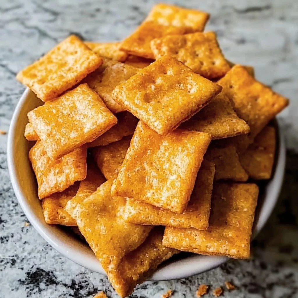 A plate of homemade Cheez Its cheese crackers fresh from the oven.