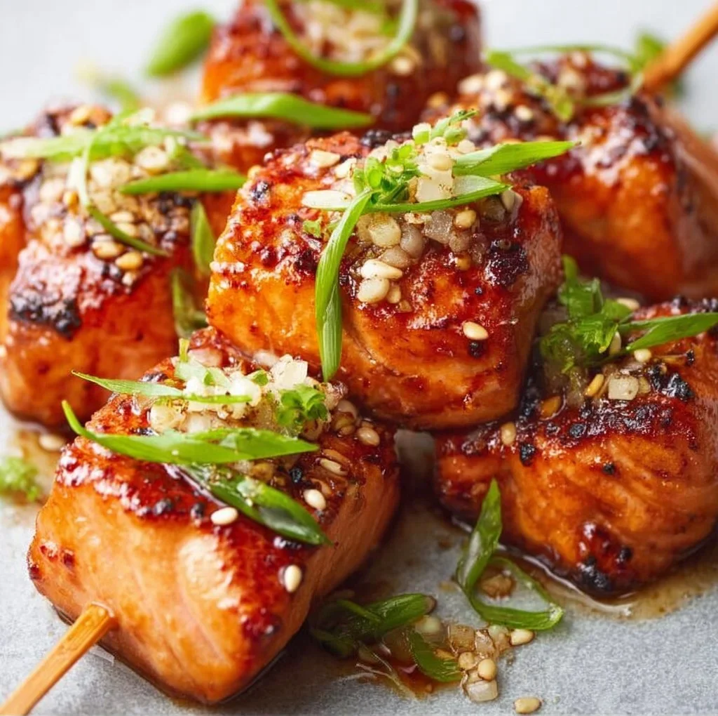 Honey Garlic Salmon Bites 3 Honey Garlic Salmon Bites served with green garnish on a plate