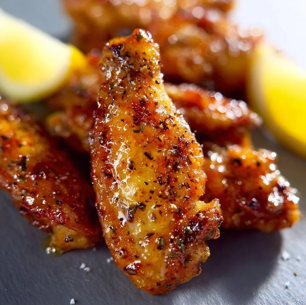 Plate of delicious honey lemon pepper wings garnished with lemon slices and herbs