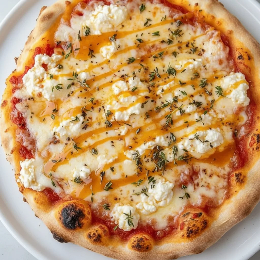 Hot Honey Ricotta Pizza 3 Hot Honey Ricotta Pizza with drizzled honey and fresh toppings