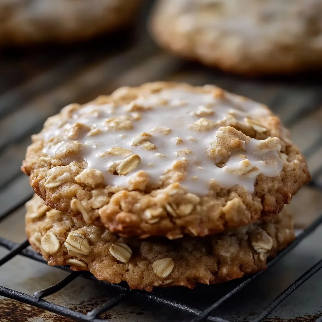 Delicious iced oatmeal cookies with sweet icing, perfect for dessert.