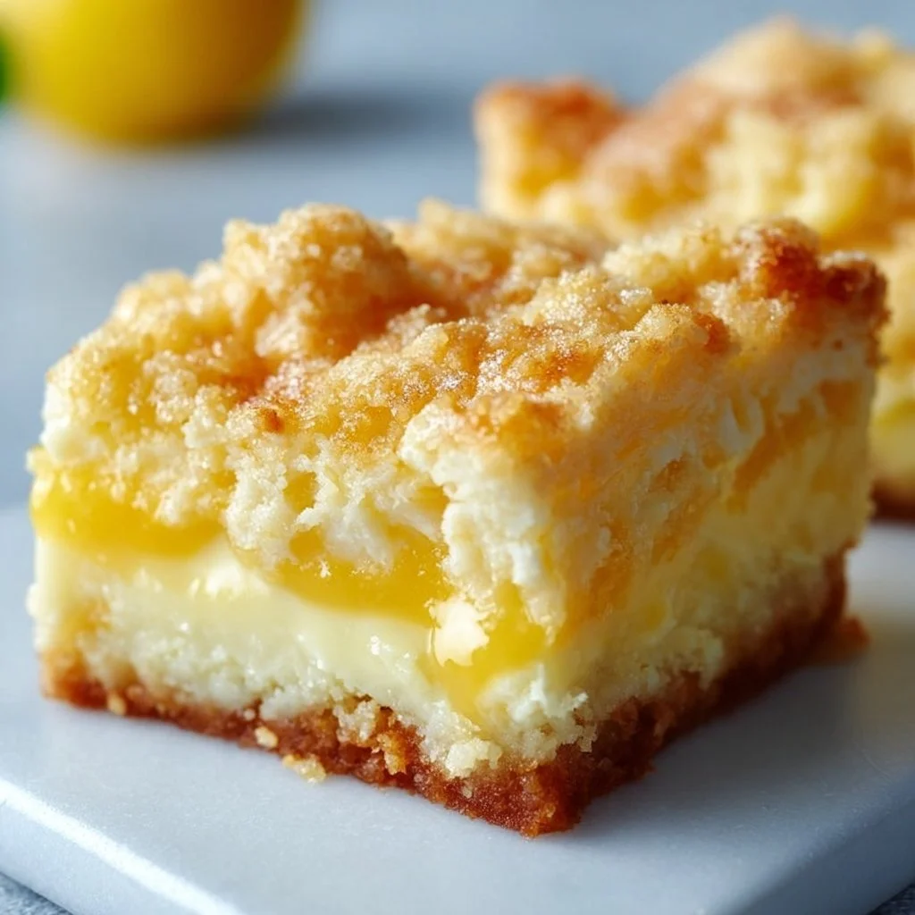 Slice of Lemon Cream Cheese Dump Cake topped with lemon zest and whipped cream.