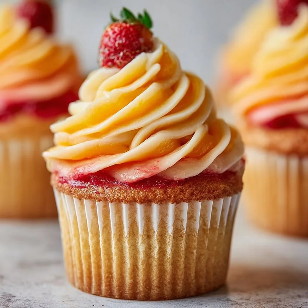 Mango Strawberry Sunset Cupcakes decorated with fresh fruit