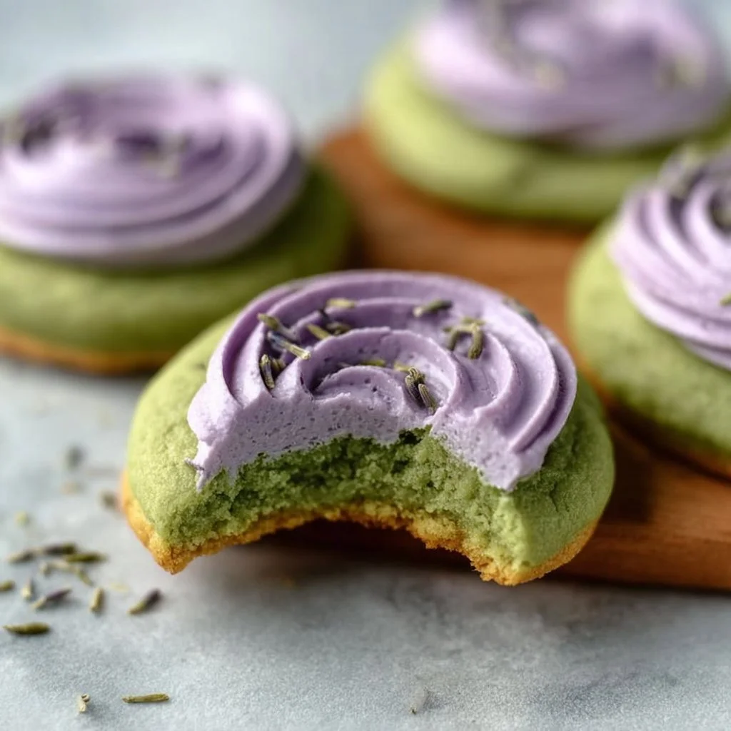 Matcha Sugar Cookies with Lavender Frosting 3 Matcha sugar cookies topped with vibrant lavender frosting