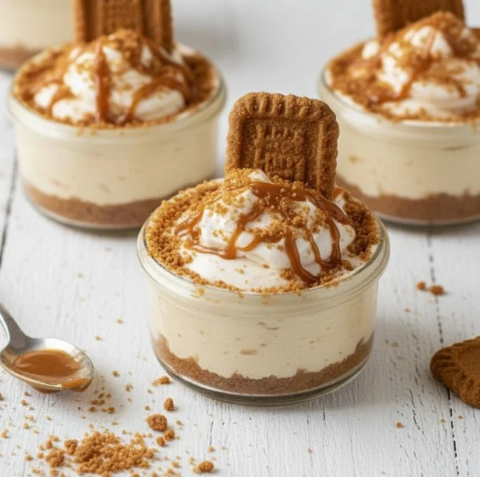 No-Bake Biscoff Cheesecake Cups topped with cookie crumbles