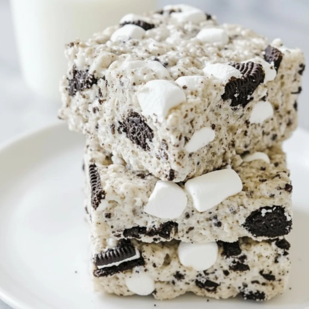 Oreo Krispies: Irresistibly Chewy No-Bake Delight 3 Delicious Oreo Krispies dessert on a plate, showcasing their chewy texture.