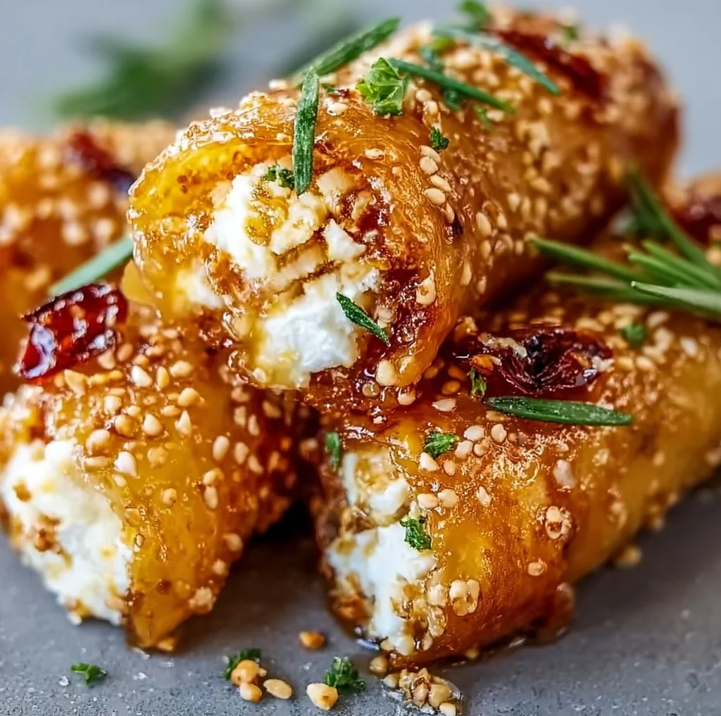Plate of crispy oven fried feta rolls ready to be served as an appetizer
