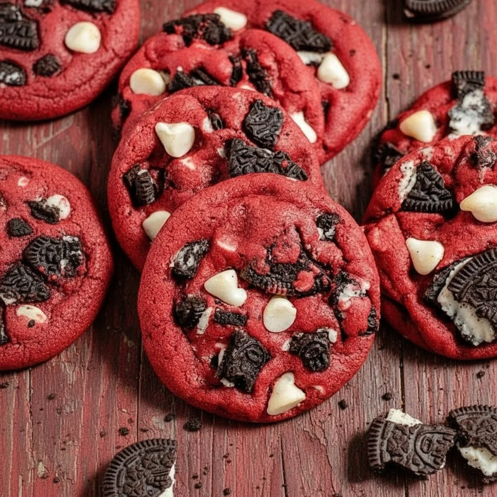 Freshly baked Red Velvet Oreo Cookies stacked on a plate