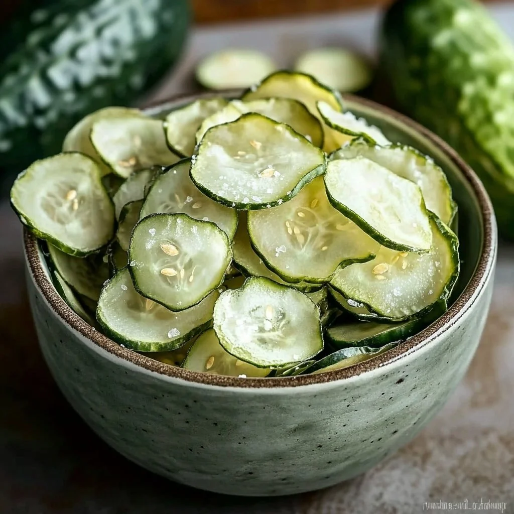 Salt and Vinegar Baked Cucumber Crisps in a bowl, healthy snack option.