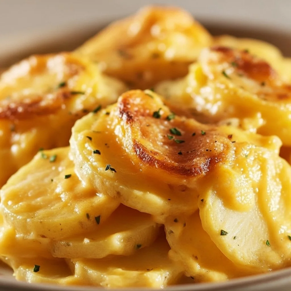 Deliciously creamy scalloped potatoes baked to perfection in a dish.