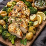 Sheet Pan Garlic Butter Chicken with colorful vegetables on a serving platter